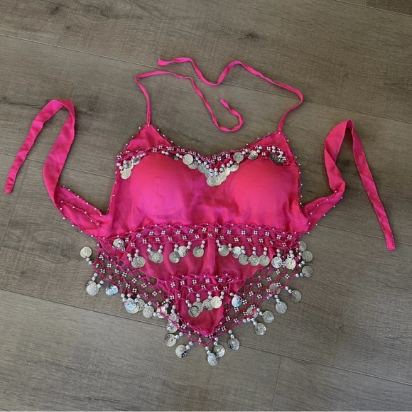 Hot Pink Belly Dance Halter Top & Skirt Gold Coin Accent Costume 24” Bust Junior - Picture 7 of 11